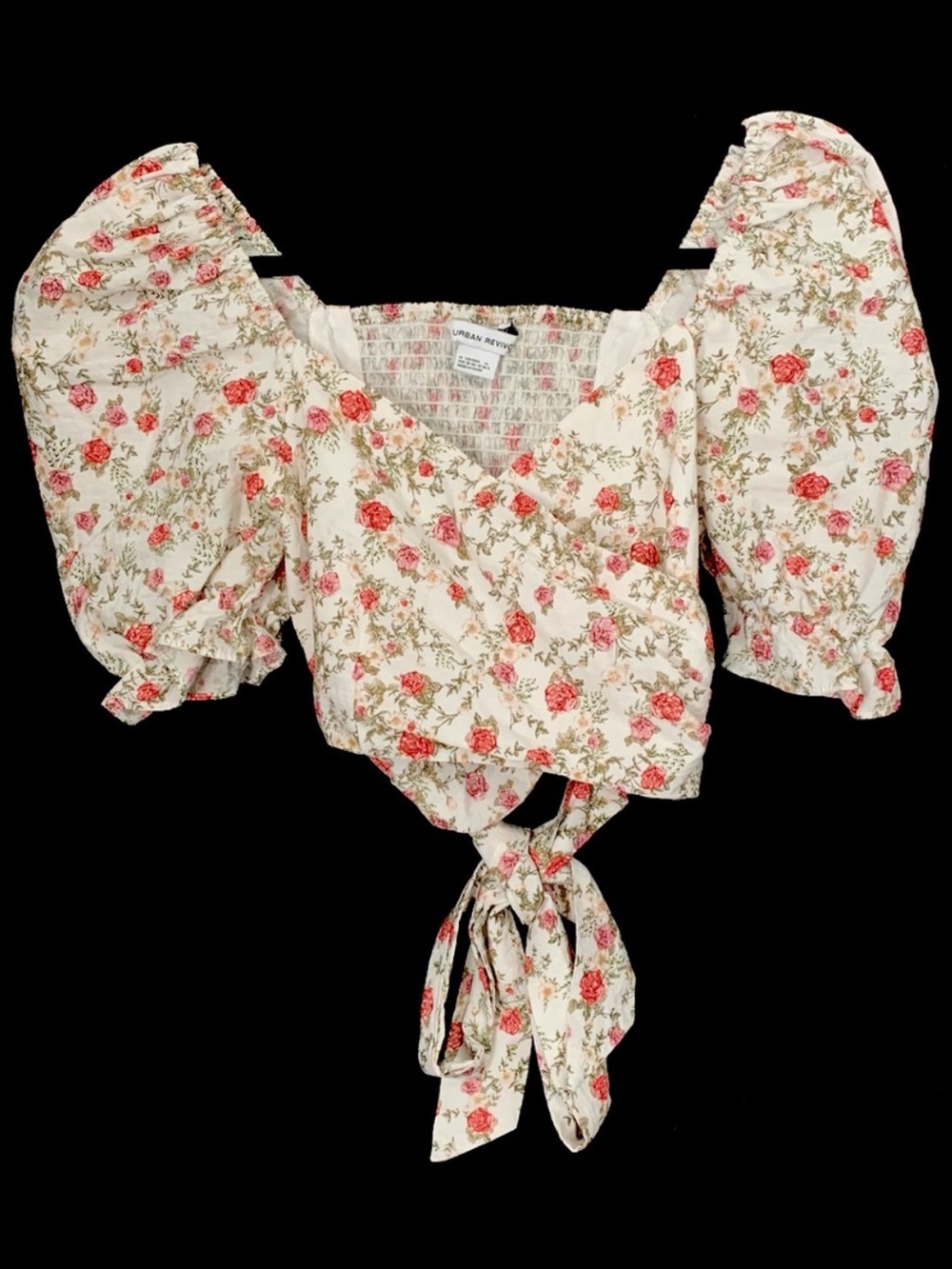 Urban Revivo Floral Puff Sleeve Smocked Crop Top